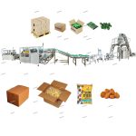 Sacos automáticos de alimentos congelados formando embalagens e linha de enchimento de caixas