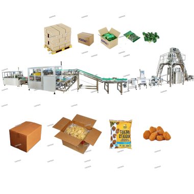 Sacos automáticos de alimentos congelados formando embalagens e linha de enchimento de caixas